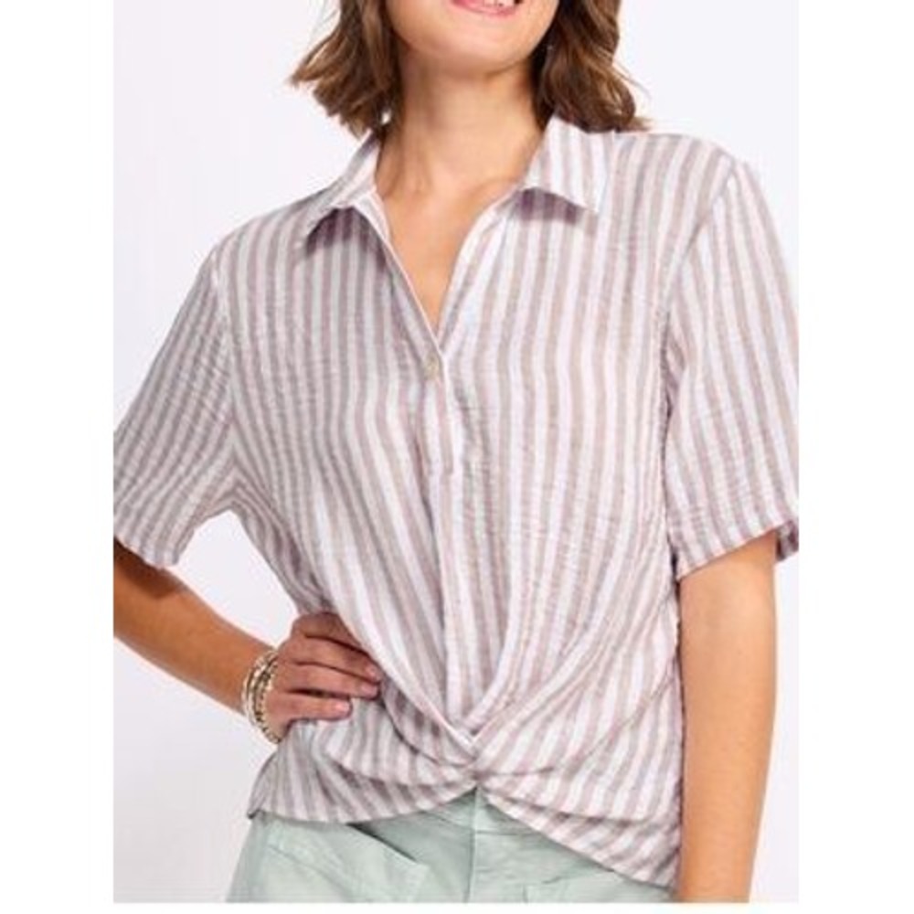Lucky & Coco Lyndy Gathered Hem Button Down Shirt Tan Striped PS NEW
